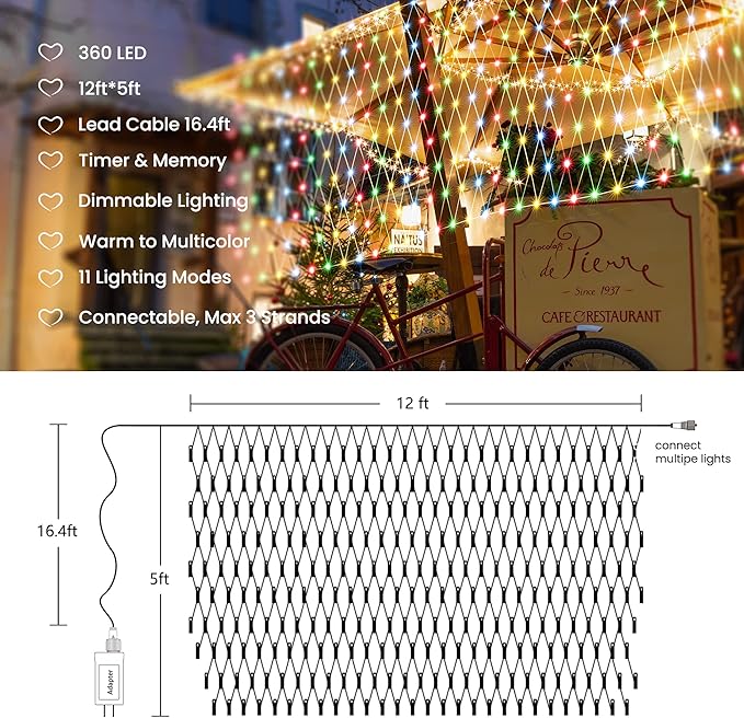 12ft x 5ft 360 LED Christmas Net Lights, 11 Modes 30V Christmas Net Lights, Warm White-Multi Color Changing Mesh Decorative Net Lights for Xmas Tree Bush Wedding Garden Outdoor Indoor Decor-VerdiqueGarden