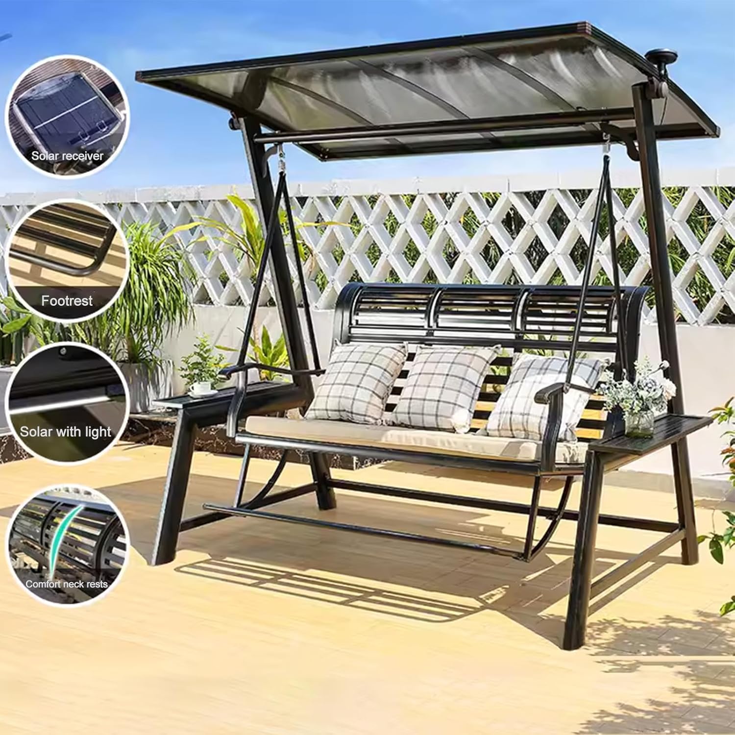 2/3-Seat Outdoor Patio Porch Swing with Adjustable Aluminum Alloy Canopy Solar Patio Swing Chair Bench with Footrest Side Cup Holder for Backyard Lawn (Heart of Ocean-3 Seat)-VerdiqueGarden