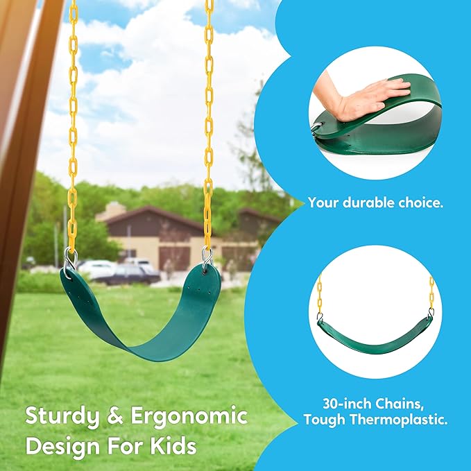 TURFEE 3 Pack Assorted Swing Set, Including 1 Gym Rings Trapeze Bar and 2 Pcs Swings with Plastic Coated Chain, Swingset Accessories Replacement for Kids Outdoor Play, Playground- Green-VerdiqueGarden