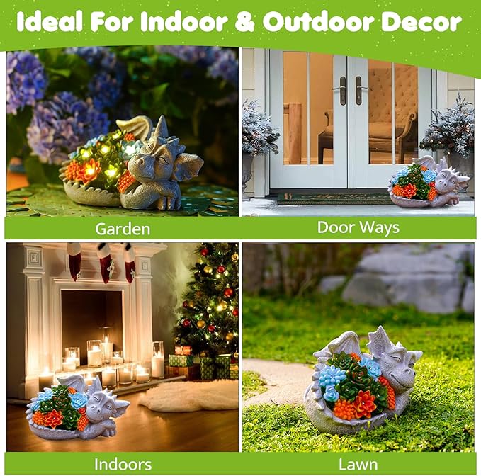 Solar Dragon Statue with Succulent Lights - Dragon Garden Sculptures & Statues，Garden Decor for Outdoor Yard Art Ornaments 9.1inch (Gray)-VerdiqueGarden