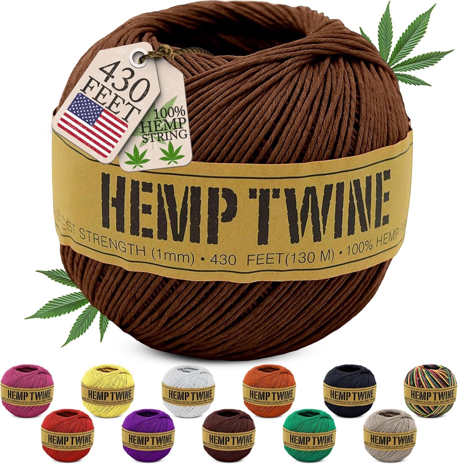 Hemp Twine for Gardening - Twine for Crafts - Organic Natural Hemp String for Jewelry Making - Strong Durable Cord for Decoration, Macrame + Cooking - 1MM, 100G/430 Ft. - 20 lb. Test Strength - Brown-VerdiqueGarden