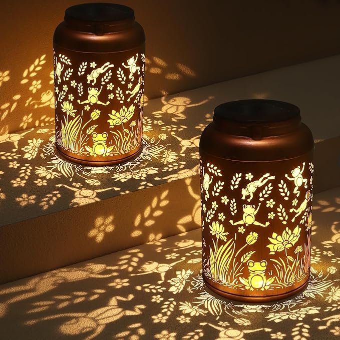 2 Pack Solar Lanterns Outdoor Waterproof, Frog Garden Decor Gifts for Women Mom Grandma Hanging Solar Lights Metal Solar Decoration Outside for Yard, Patio, Lawn, Pathway, Landscape-VerdiqueGarden