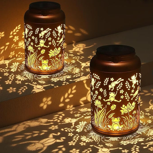 2 Pack Solar Lanterns Outdoor Waterproof, Frog Garden Decor Gifts for Women Mom Grandma Hanging Solar Lights Metal Solar Decoration Outside for Yard, Patio, Lawn, Pathway, Landscape-VerdiqueGarden