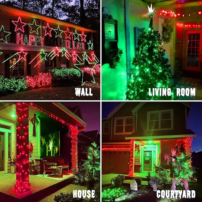 JMEXSUSS 200 LED Christmas String Lights Outdoor, Red & Green Christmas Lights Clear Wire, 11 Modes Connectable Twinkle String Lights Plug in for Christmas Halloween Garden Home Decorations-VerdiqueGarden