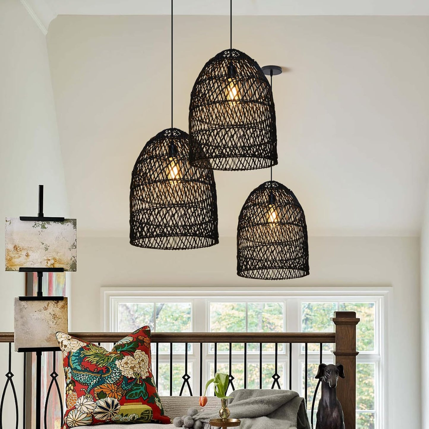 Arturesthome 1 Light Rustic Rattan Basket Pendant Light Boho Wicker Chandelier Coastal Handmade Crafts Lampshade, Farmhouse Hanging Ceiling Lighting for Dining Kitchen Island Black 13.75in*19.68in-VerdiqueGarden