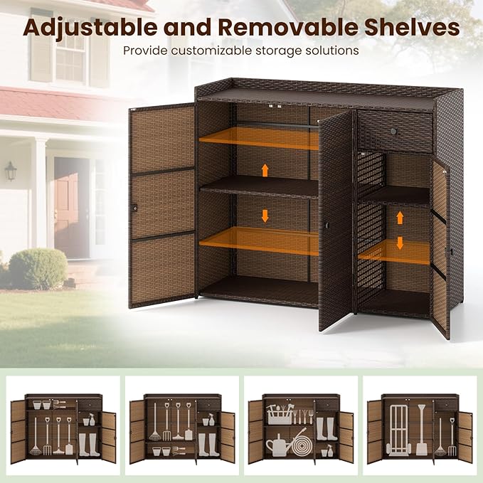 Tangkula Rattan Outdoor Storage Cabinet, Patiojoy Outdoor Cabinet with 4 Adjustable Shelves, 1 Drawer, 3 Doors, Patio Storage Deck Box Table for Patio Garden Poolside (Mix Brown)-VerdiqueGarden