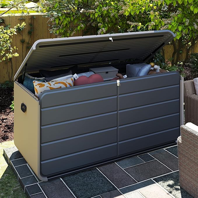 Domi 260 Gallon Resin Deck Box, Waterproof & UV-Resistant Outdoor Large Storage Box Lockable Storage Bin for Patio Cushions Pool Supplies Garden Tools and Delivery Storage-VerdiqueGarden