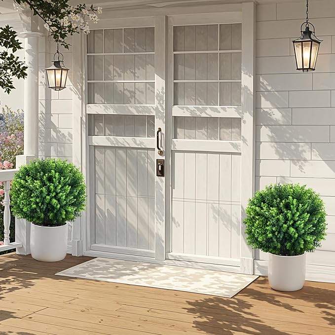 Artificial Topiary Tree with Eucalyptus, Set of 2 UV Resistant 17in Miniature Trees, Outdoor for Porch, Fake Bonsai Topiaries, Greenery Balls, Faux Shrubs for Planters, Curb Appeal Decor-VerdiqueGarden