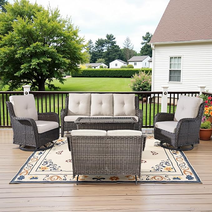 5 Piece Outdoor Patio Furniture Set - Outdoor Conversation Couch and Loveseat Glider Chair Furniture Set with Rattan Coffee Table for Deck Balcony Poolside Brown Wicker/Beige Cushions-VerdiqueGarden