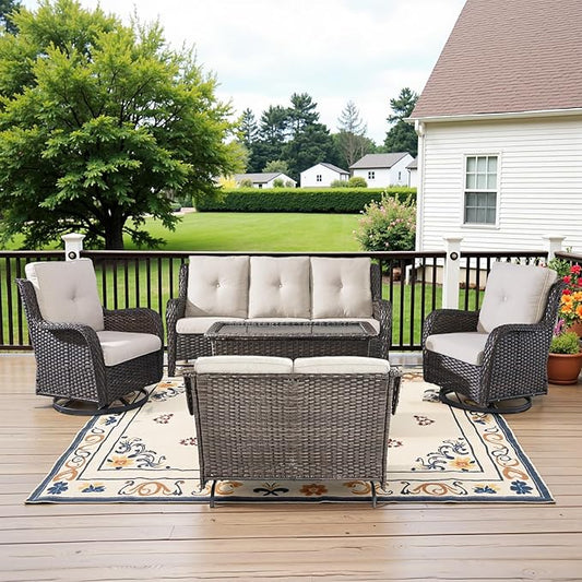 5 Piece Outdoor Patio Furniture Set - Outdoor Conversation Couch and Loveseat Glider Chair Furniture Set with Rattan Coffee Table for Deck Balcony Poolside Brown Wicker/Beige Cushions-VerdiqueGarden