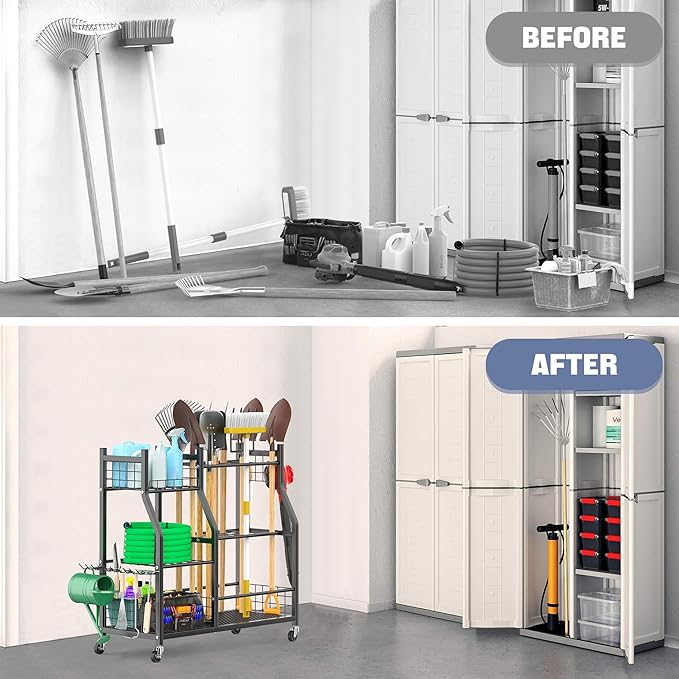 WALMANN Garden Tool Organizer with Wheels for Garage, Large Storage Capacity, Rakes/Shovels/Yard Tools Storage Stand for Shed, Garden, Indoor/Outdoor Long-Handled Tools Rolling Cart-VerdiqueGarden