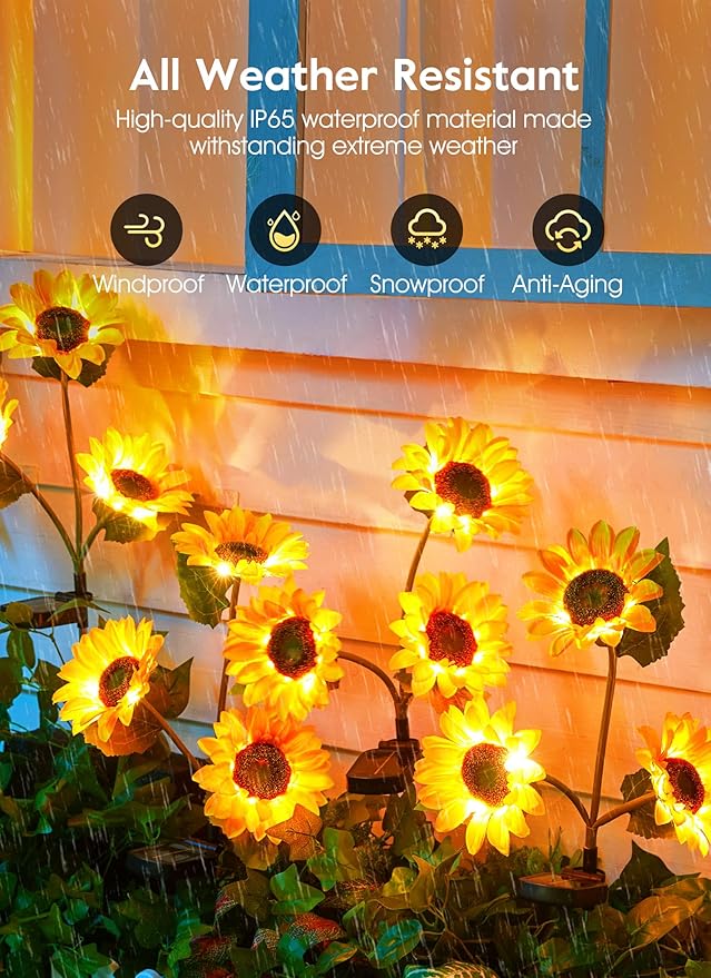 Brightown Outdoor Solar Garden Lights - 4 Pack LED Solar Flower Lights with Larger & More Realistic Sunflowers, Bigger Solar Panel, Waterproof Solar Lights for Outside Yard Patio Garden Decorations-VerdiqueGarden