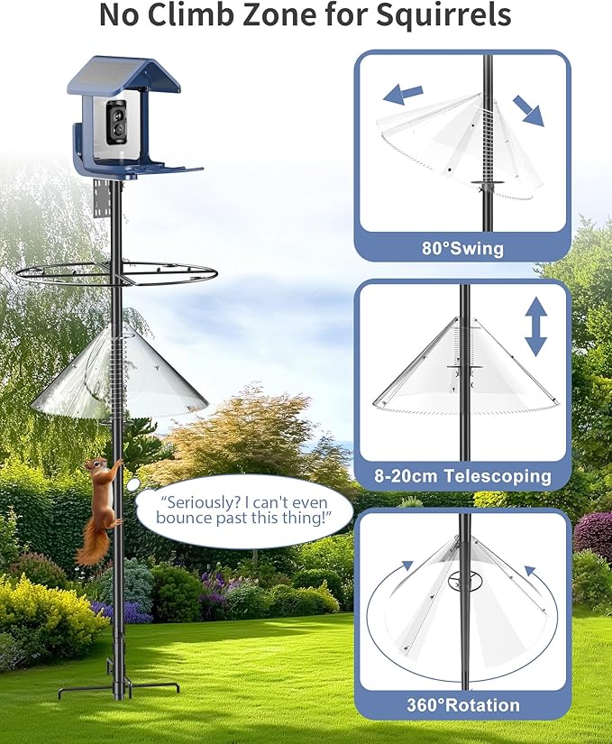 Bird Feeder Pole with Squirrel Baffle - 90 Inch Bird House Pole with Semicircular Hook for Outdoors, Squirrel Proof Baffle with Stainless Steel Spring for Better Defense, Slip-Fit Connection-VerdiqueGarden