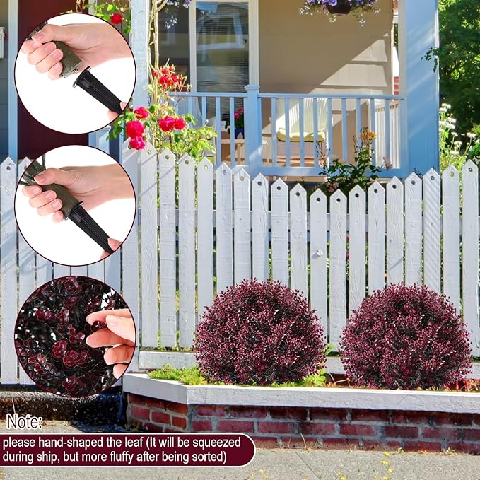 Yunlly 4 Pcs 18 Inch Artificial Boxwood Ball Topiary Tree Fake Outdoor Plants Bush, UV Resistance Faux Shrub with Spike Realistic Greenery Potted for Indoor Garden Yard Porch Patio Decor (Dark Purple)-VerdiqueGarden