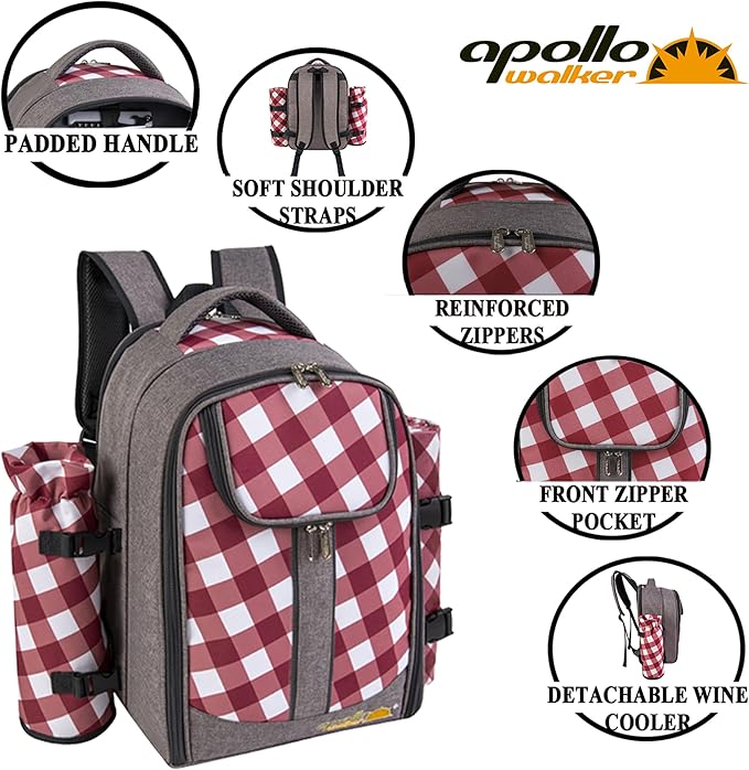 apollo walker Picnic Backpack Bag with Cooler Compartment, Detachable Bottle/Wine Holder, Fleece Blanket, Plates and Cutlery Set (2 Person, Gray)-VerdiqueGarden