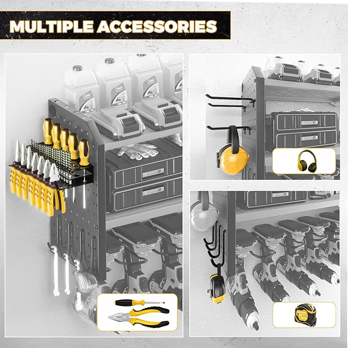 KAFAHOM Power Tool Organizer with Charging Station, Built in 8 Outlet Power Strip,Large 8 Drill Holder Wall Mount, Heavy Duty Metal Power Tool Storage Rack Tool Shelf for Garage Organization Yellow-VerdiqueGarden