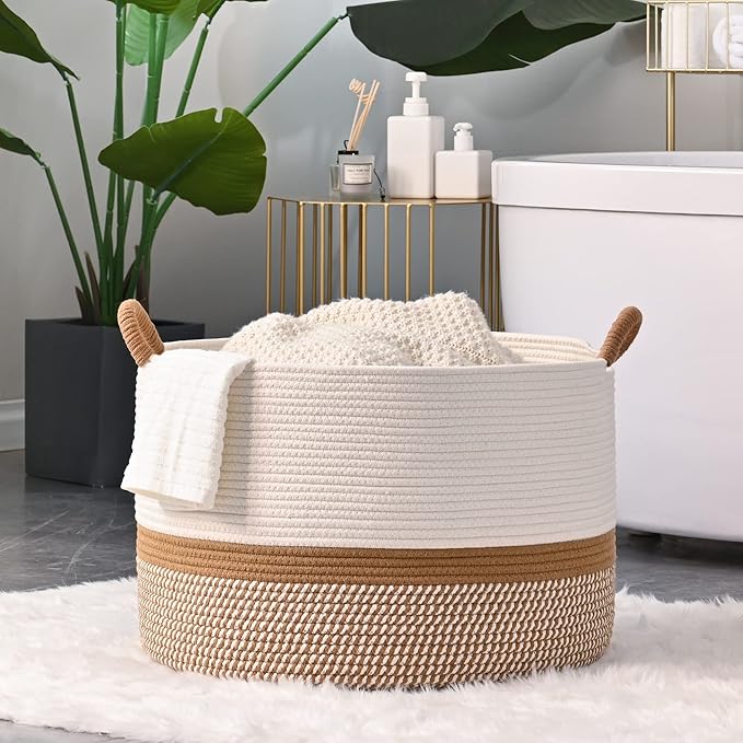 KAKAMAY Large Blanket Basket (20"x13"),Woven Baskets for storage Baby Laundry Hamper, Cotton Rope Blanket Basket for Living Room, Laundry, Nursery, Pillows, Baby Toy chest (White/Brown)-VerdiqueGarden