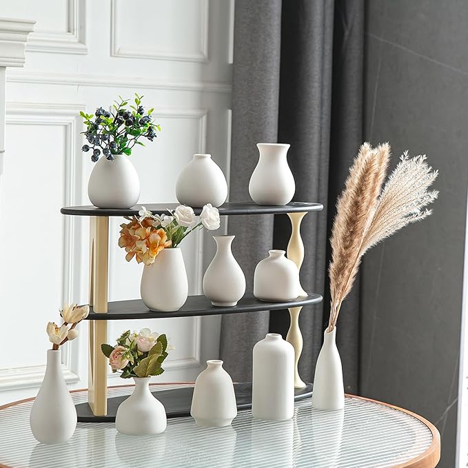 JOJUNO White Bud Vases, Small Ceramic Vase Set of 11, Mini Pottery Vases for Flowers, Decorative Pieces for Home Modern Decor, Boho Decor, Chic Accents for Living Room Dining Table Shelves-VerdiqueGarden