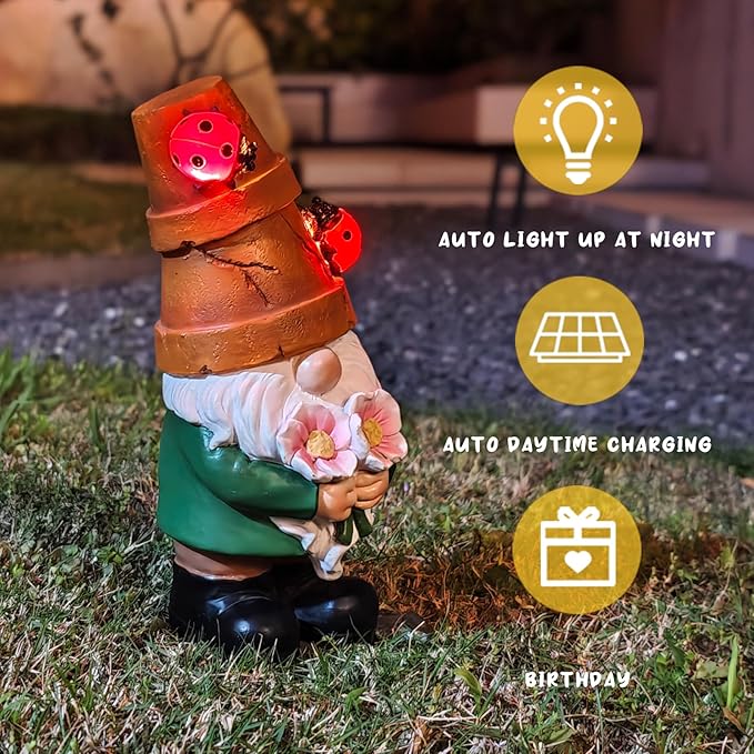 Garden Gnome Statues Outdoor Decor, Solar Gnomes with LED Lighted Flowers, Solar Resin Outdoor Statue Sculpture, for Woman Gift Home and Garden Decor-VerdiqueGarden