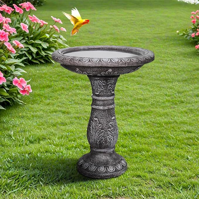 SunJet 24.4” H x 20” Dia Outdoor Birdbath with Intricate Floral Carvings Pedestal - Fibre Reinforced Concrete Birdbaths, Vintage Design for Garden Decor & Bird Attraction-VerdiqueGarden