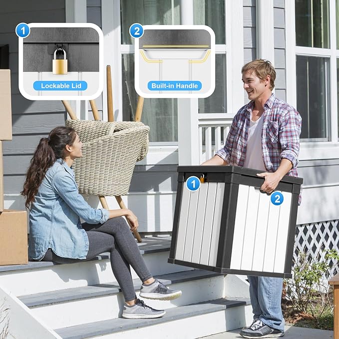 50 Gallon Resin Deck Box, Lockable Outdoor Storage Box for Patio Cushions Storage Furniture,Garden Tools, Pool Supplies, Weatherproof and UV Resistant (Black&White)-VerdiqueGarden