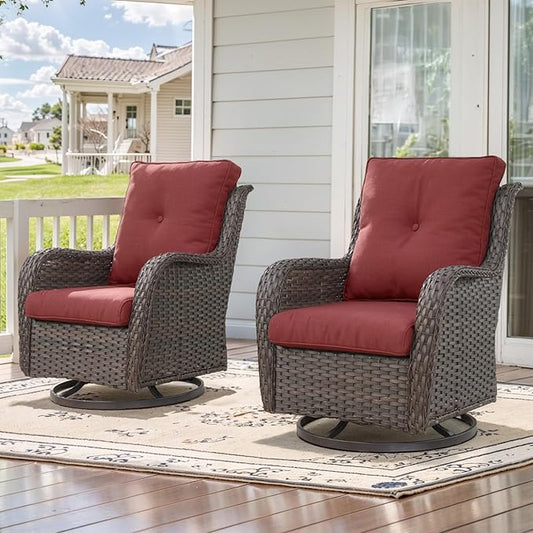 Outdoor Swivel Rocker Patio Chairs - 360 Degree Swivel Glider Seating Wicker Rocking Chairs Set of 2 with High Back Deep Seat for Porch Balcony Deck, Brown/Red-VerdiqueGarden