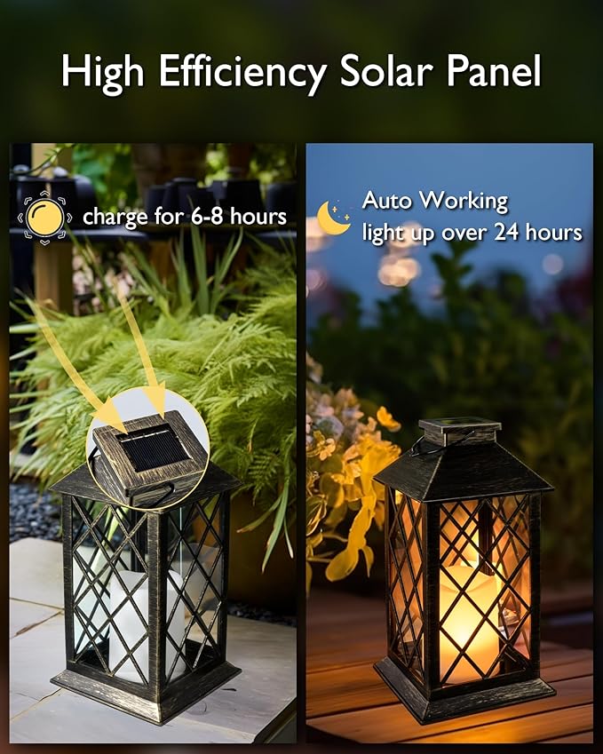 Homemory Solar Lanterns Outdoor Waterproof Hanging with Flickering Flameless Candles, 2 Pack Garden Outdoor Lantern Decorative for Patio Front Porch Backyard Balcony Cabin Outside (Bronze)-VerdiqueGarden