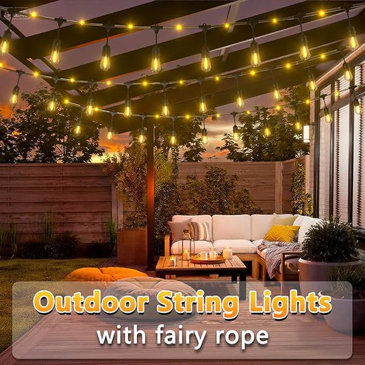 Outdoor String Fairy Lights, 48ft Dimmable Patio Lights with 15+1 S14 Retro Edison Bulbs & 144 Fairy Rope, IP65 Waterproof, LED Outside Hanging Light for Party Backyard Bistro, 7 Strands Connectable-VerdiqueGarden
