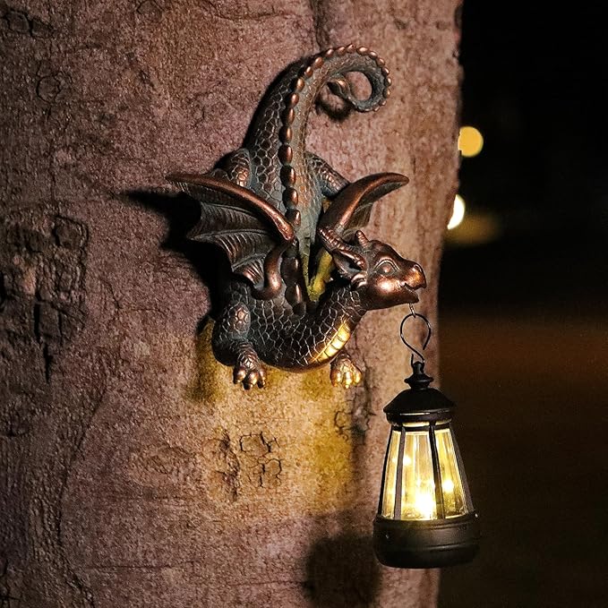 Dragon Solar Garden Statue - Gothic Outdoor Wall Hanging Decor with Solar Light, Fantasy Dragon Figurine for Patio, Yard, or Tree - Unique Whimsical Gift for Adults, Men & Women-VerdiqueGarden