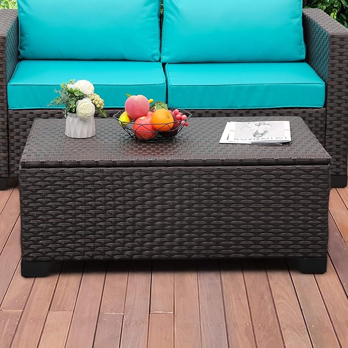 Rattaner Outdoor Storage Table Wicker Patio Coffee Table All-Weather Wicker Side Table with Waterproof Cover, Brown-VerdiqueGarden