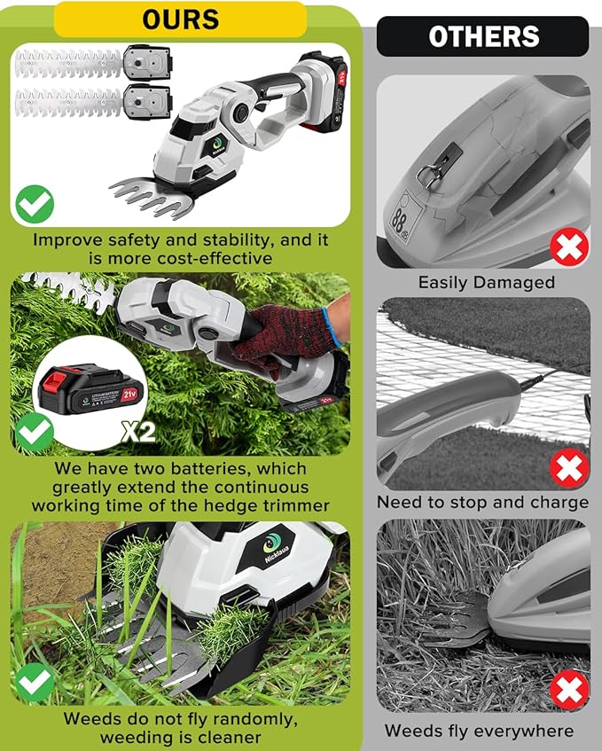 Cordless Hedge Trimmer,2 in 1 Cordless Grass Shear & Hedge Shear/Shrubbery Trimmer with Dual-Action Blade Cutting Capacity,Hedge Shear with 2 PCS Rechargeable Battery and Charger for Garden,Lawn-VerdiqueGarden