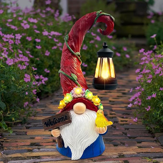 Gnome Garden Decor Statue Solar Lights Outdoor Decor with Succulent and 6 LED Lights,for Balcony,Garden,Patio,Yard,Lawn,Housewarming Birthday Gifts for Women/Mom/Grandma-VerdiqueGarden