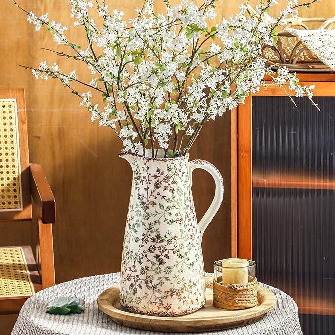 Enra Pitcher vase with Handle,12.2 in Ceramic Vintage Chinoiserie Floral Vase,Green and Beige Decorative Flower vase,Large Rustic Vases for Home Decors, Living Room, Bookshelf, Office-VerdiqueGarden
