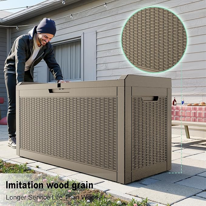 DRATO 60 Gallon Deck Box, Waterproof Resin Large Outdoor Storgae Box for Patio Furniture, Patio Cushions, Gardening Tools, Pool and Sports Supplies, Lockable-VerdiqueGarden