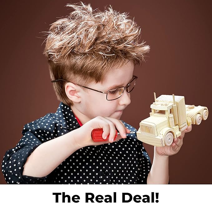 Kraftic Woodworking Building Kit for Kids and Adults, 3 Educational DIY Carpentry Construction Wood Model Kit Toy Projects for Boys and Girls - Build a Wooden Military Jet Race Car and Tractor Trailer-VerdiqueGarden