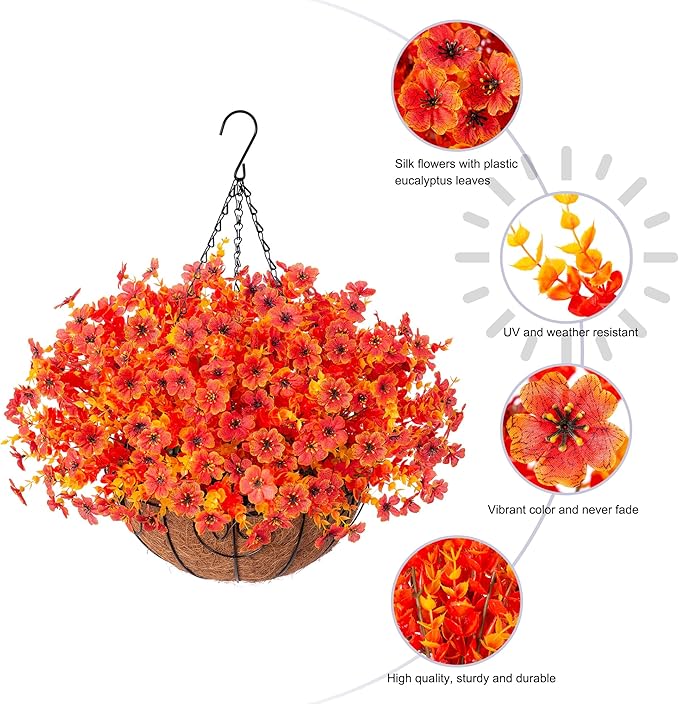 Artificial Fake Fall Autumn Hanging Mums Flowers Plants Basket for Outdoor Outside Decor, Faux Silk Orange Dasiy Flower Look Real UV Resistant for Porch Home Patio Garden Decoration-VerdiqueGarden