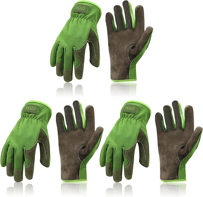 HANDLANDY Leather Work Gloves for Men & Women, Reinforced Durable Garden Gloves, Cowhide Working Glove for Gardening-VerdiqueGarden