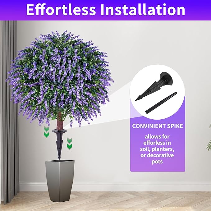 Artificial Lavender Topiany Ball Trees Set of 2,17” Resistant Fake Evergreen Shrubs with Ground SpilRealistic Outdoor Indoor Plants for Garden Porch Maintenance-Free Potted-VerdiqueGarden