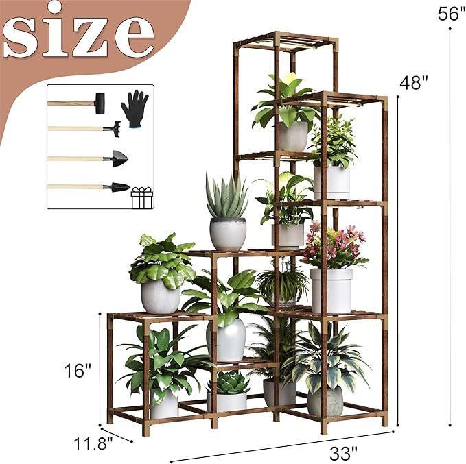 HOMKIRT Corner Plant Stand with Grow Lights, 14 Tier Tall Plant Shelf Indoor Outdoor for Multiple Plants, Wood Plant Ladder Rack Holder Display Flower Stand for Patio Porch Garden Living Room-VerdiqueGarden