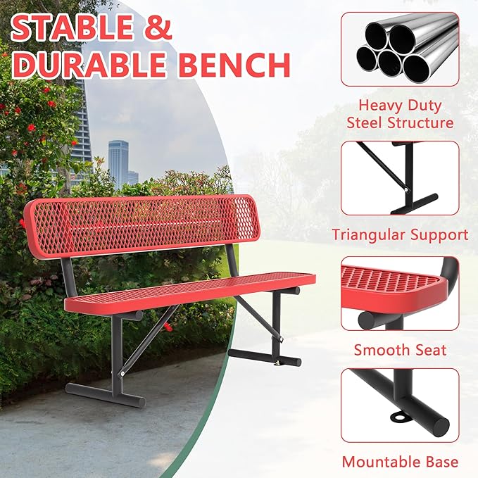 Heavy Duty Park Bench with Back Portable Frame, Outdoor Steel Bench with Backrest, Red Metal Bench Seat Expanded Metal Mesh Bench for Lawn, Park, Deck, Garden, Patio, Porch, Black (Red, 6FT)-VerdiqueGarden