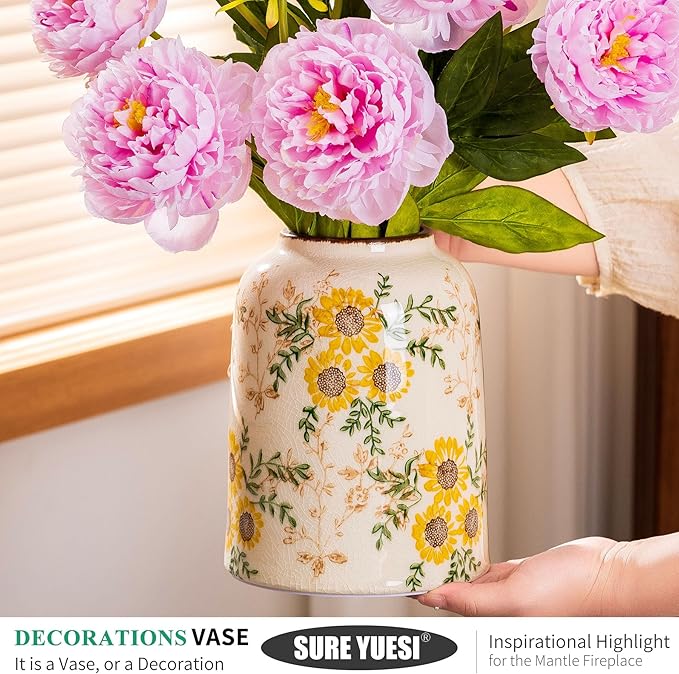 Sunflower Green and Beige Vase, Yellow Ceramic Vintage Vase Cottage Core Home Decor, Cute Floral Centerpiece Vases for Living Room, Bedroom, Kitchen, Table Grand Millennial Decors, Tuscan Decor 7.8In-VerdiqueGarden