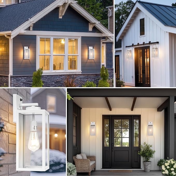 16-inch White Dusk to Dawn Outdoor Wall Light Fixtures, Exterior Waterproof Wall Lanterns, Large Porch Sconces Lighting, Modern Outside Lights for House Patio Front Door Entryway, 2-Packs-VerdiqueGarden