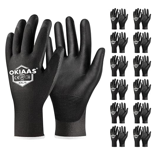 OKIAAS Work Gloves for Men，Ultra Thin and Lightweight Working Gloves with Grip, 12 Pairs Bulk Pack Construction Gloves with Polyurethane Coating for Light Duty Work (Black, XX-Large)-VerdiqueGarden