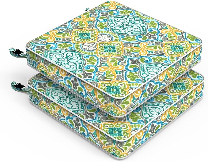LVTXIII Patio Chair Cushions 22"x22"x3", Water-Repellent Outdoor Seat Cushions for Patio Furniture, Square Chair Pads with Ties for Home Garden Decoration, Set of 2, Damask Green-VerdiqueGarden