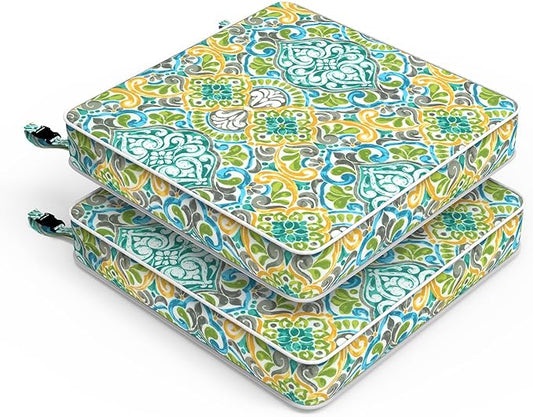 LVTXIII Patio Chair Cushions 22"x22"x3", Water-Repellent Outdoor Seat Cushions for Patio Furniture, Square Chair Pads with Ties for Home Garden Decoration, Set of 2, Damask Green-VerdiqueGarden