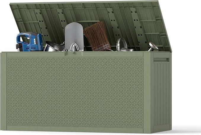 Outdoor Storage Box, 90 Gallon Deck Box, Waterproof Resin Storage Bin for Patio Cushions, Gardening Tools, Lockable, UV Resistant,Olive Green-VerdiqueGarden