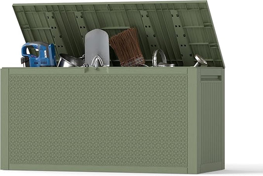 Outdoor Storage Box, 90 Gallon Deck Box, Waterproof Resin Storage Bin for Patio Cushions, Gardening Tools, Lockable, UV Resistant,Olive Green-VerdiqueGarden