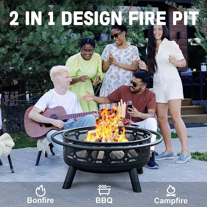 36 Inch Fire Pit, Outdoor Wood Burning Firepit with Removable Grill & Poker, Heavy Duty Metal Round Fireplace,2 in 1 Large Bonfire for Outside,BBQ,Yard,Patio-VerdiqueGarden