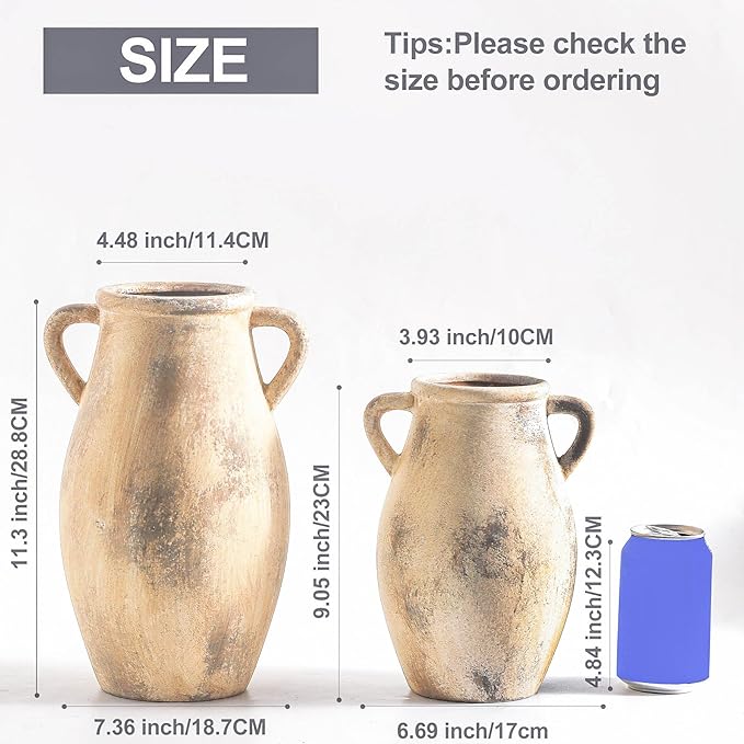 Large Ceramic Vase,11.3 inch Tall Farmhouse Flower Vase with 2 Handles,Terracotta Decorative Flower Vase for Home Decor, Living Room Entryway Table Centerpiece Decor-VerdiqueGarden