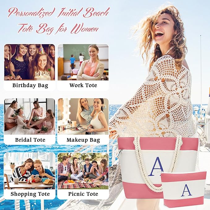 YOOLIFE Beach Bags for Women - Initial Tote Waterproof Bag with Makeup Bag, Mothers Day Gifts for Women Mom Friend Birthday-VerdiqueGarden